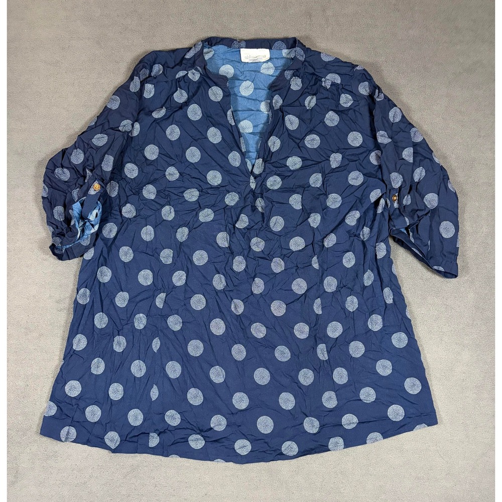 Oh! Mamma Maternity Blouse Womens XL Blue Polka Dot Roll Tab V-Neck Tunic